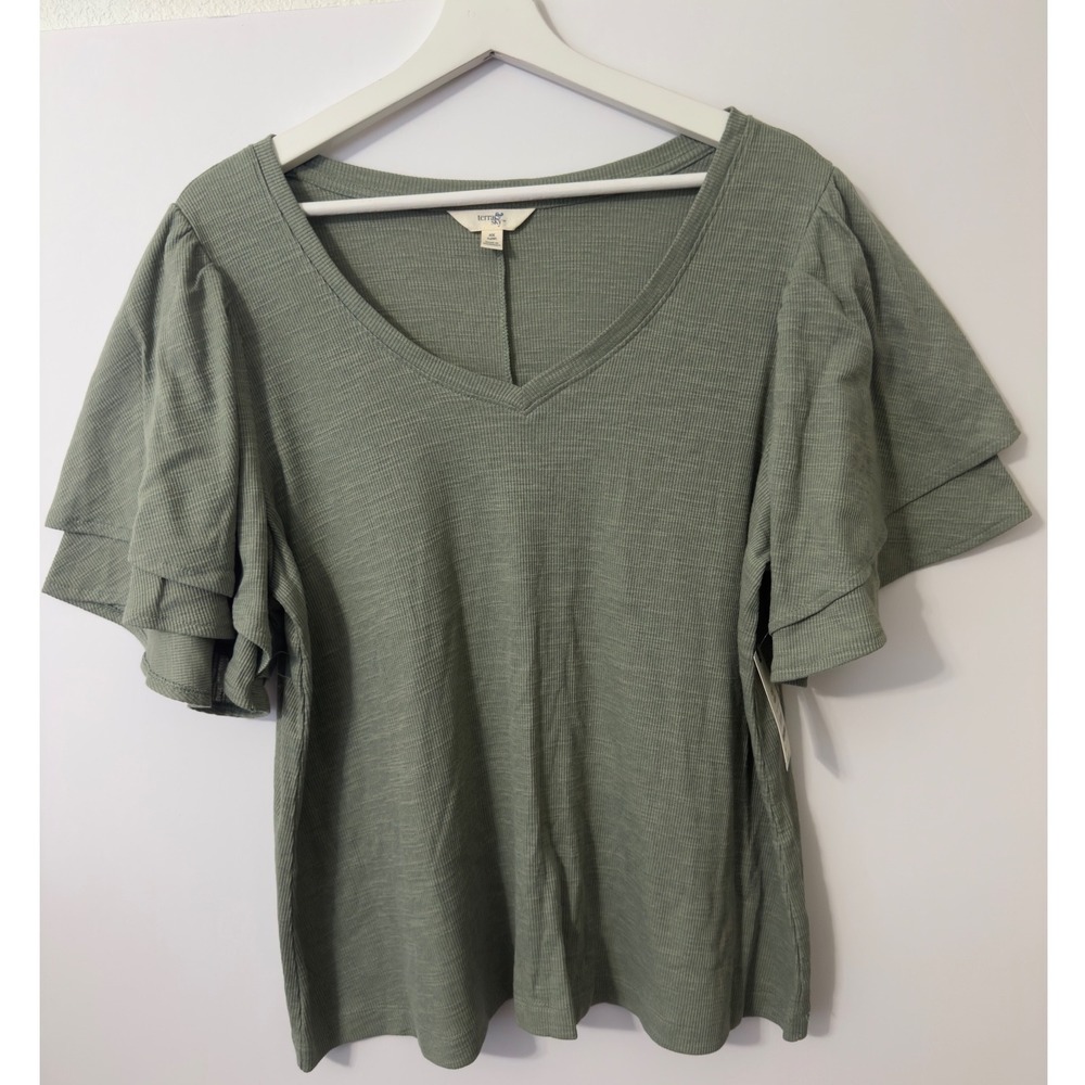 Terra & Sky Double Layered Sleeve Top Womens 0X 14W Green Ribbed V-Neck
